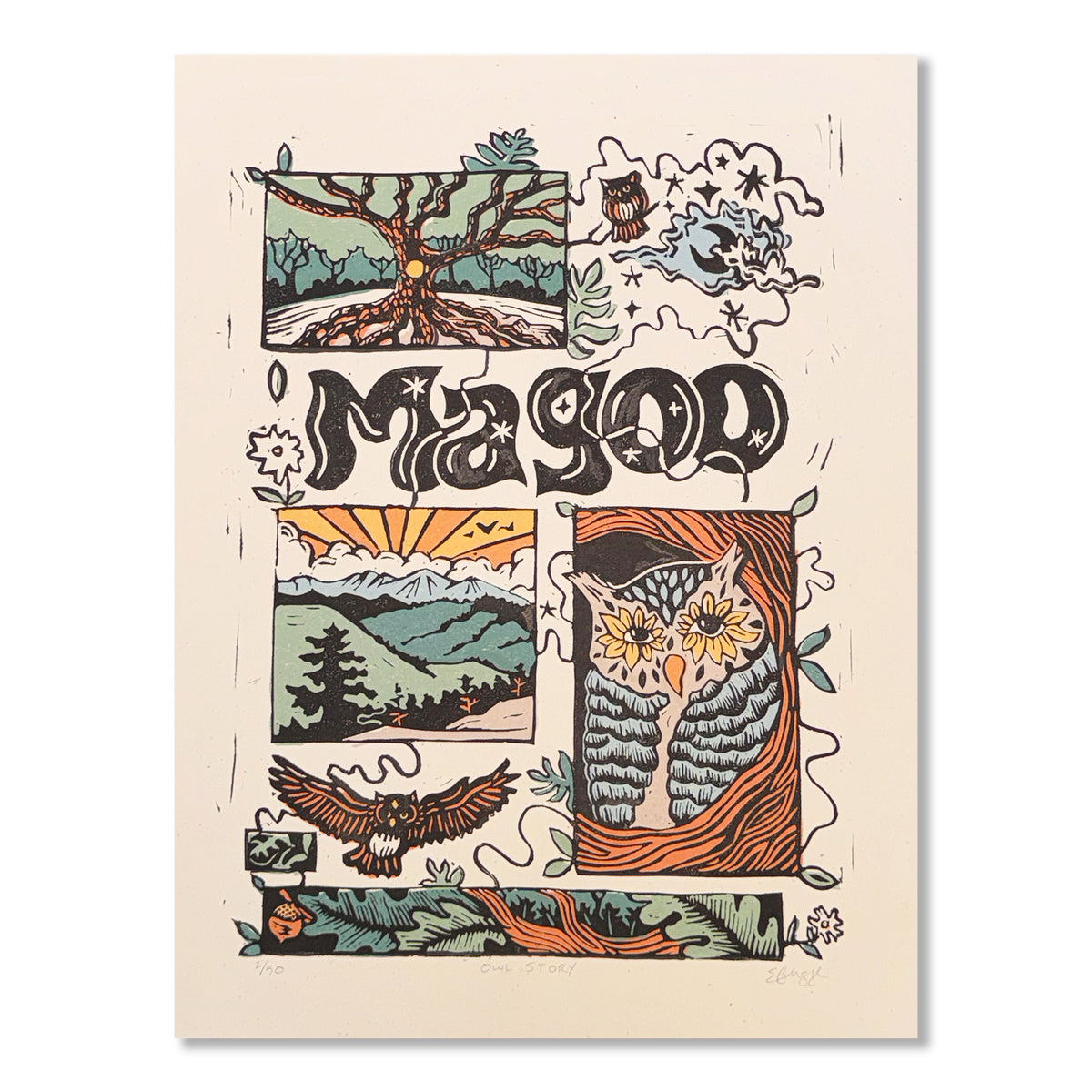 "Owl Story" Linocut Print by Erika Busse