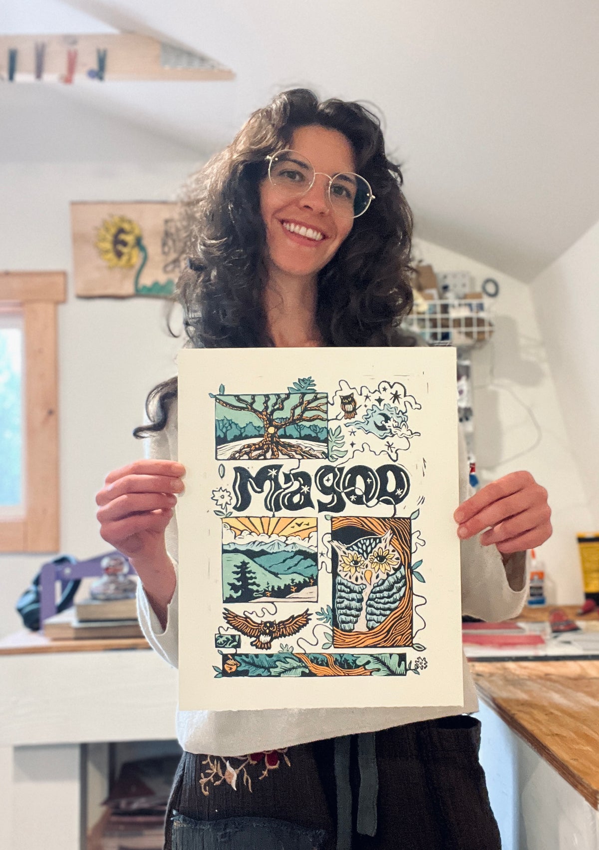 "Owl Story" Linocut Print by Erika Busse